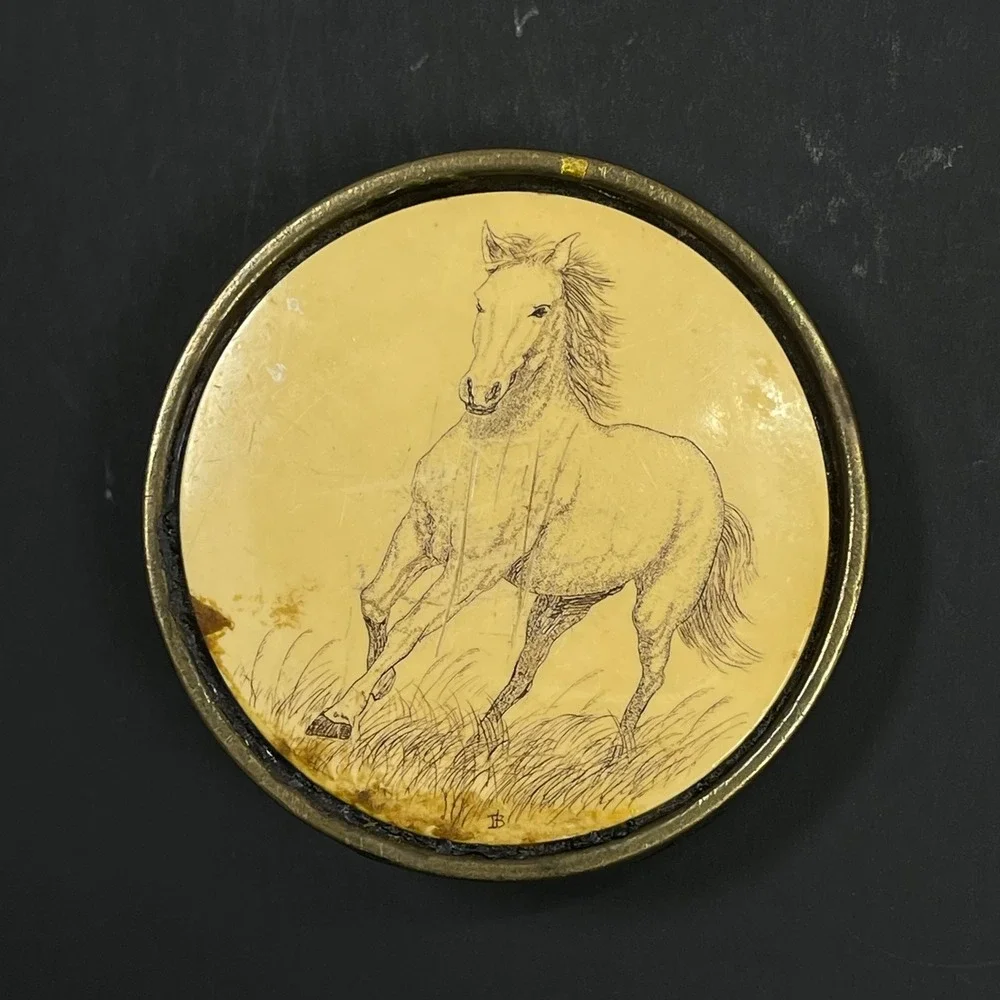 Barlow Belt Buckle Horse Scrimshaw Unisex Gold Vintage 1981 Solid Brass USA